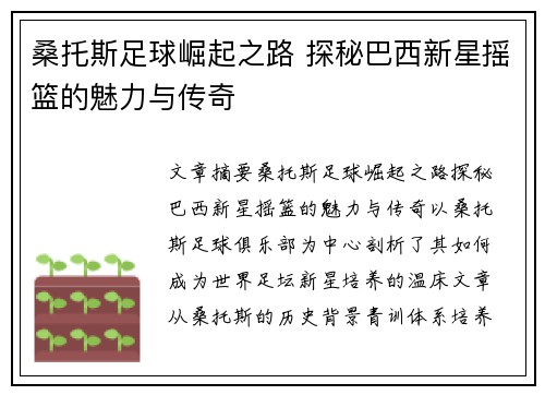 桑托斯足球崛起之路 探秘巴西新星摇篮的魅力与传奇